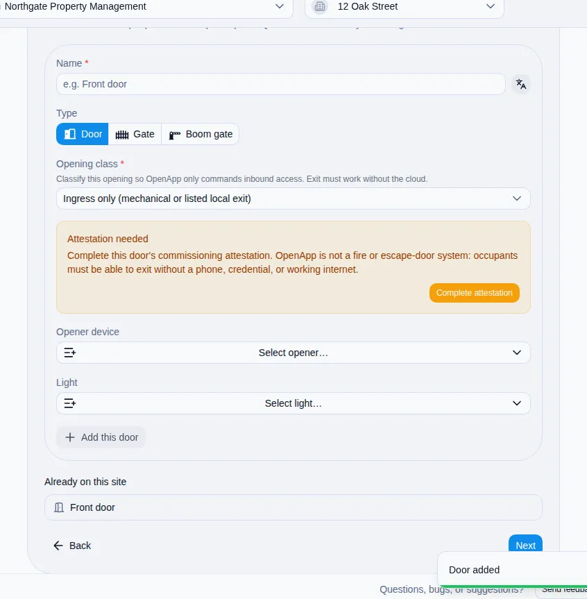 Access setup wizard doors step.